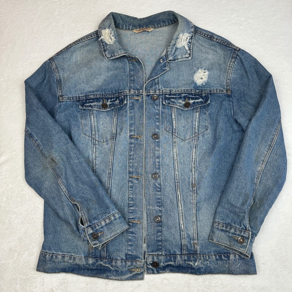 Highway‎ Jeans Womens Distressed Denim Trucker Jacket Blue Medium Wash Size M